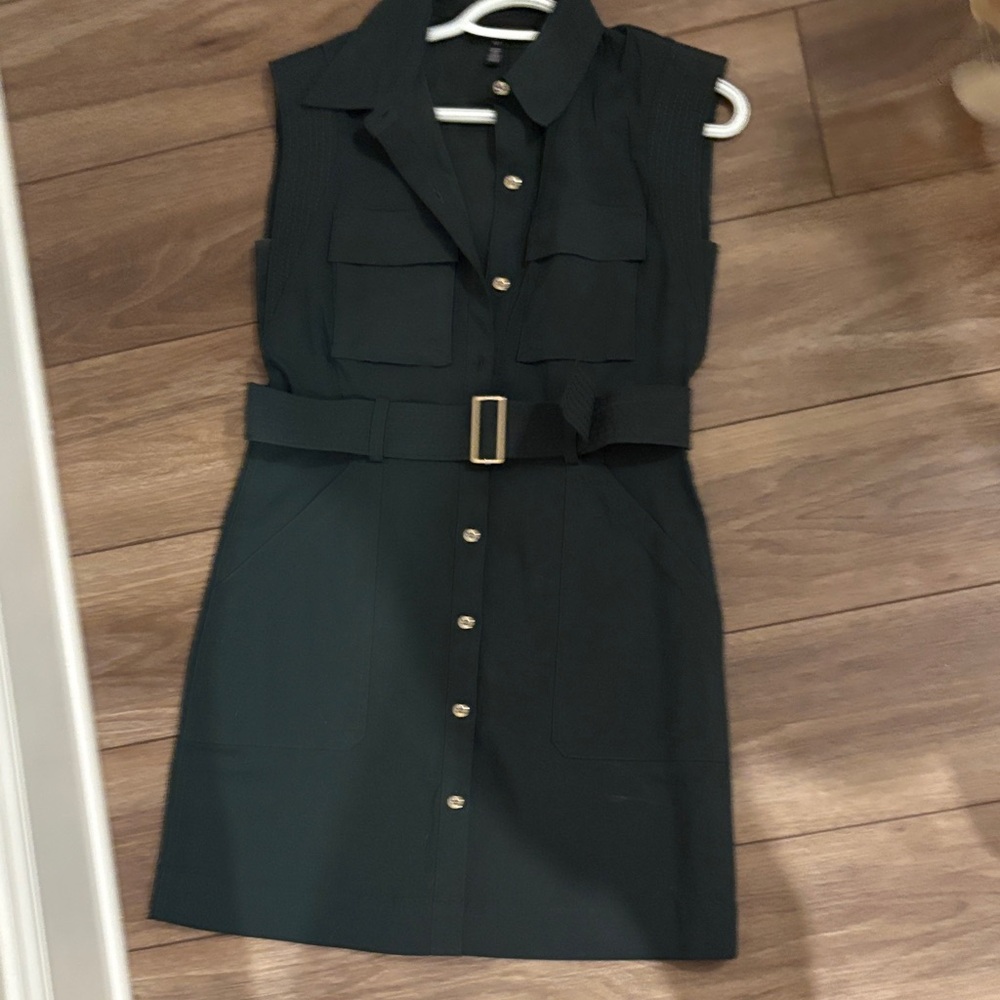 White House Black Market Sleeveless Belted Shirt Dress - Dark Green